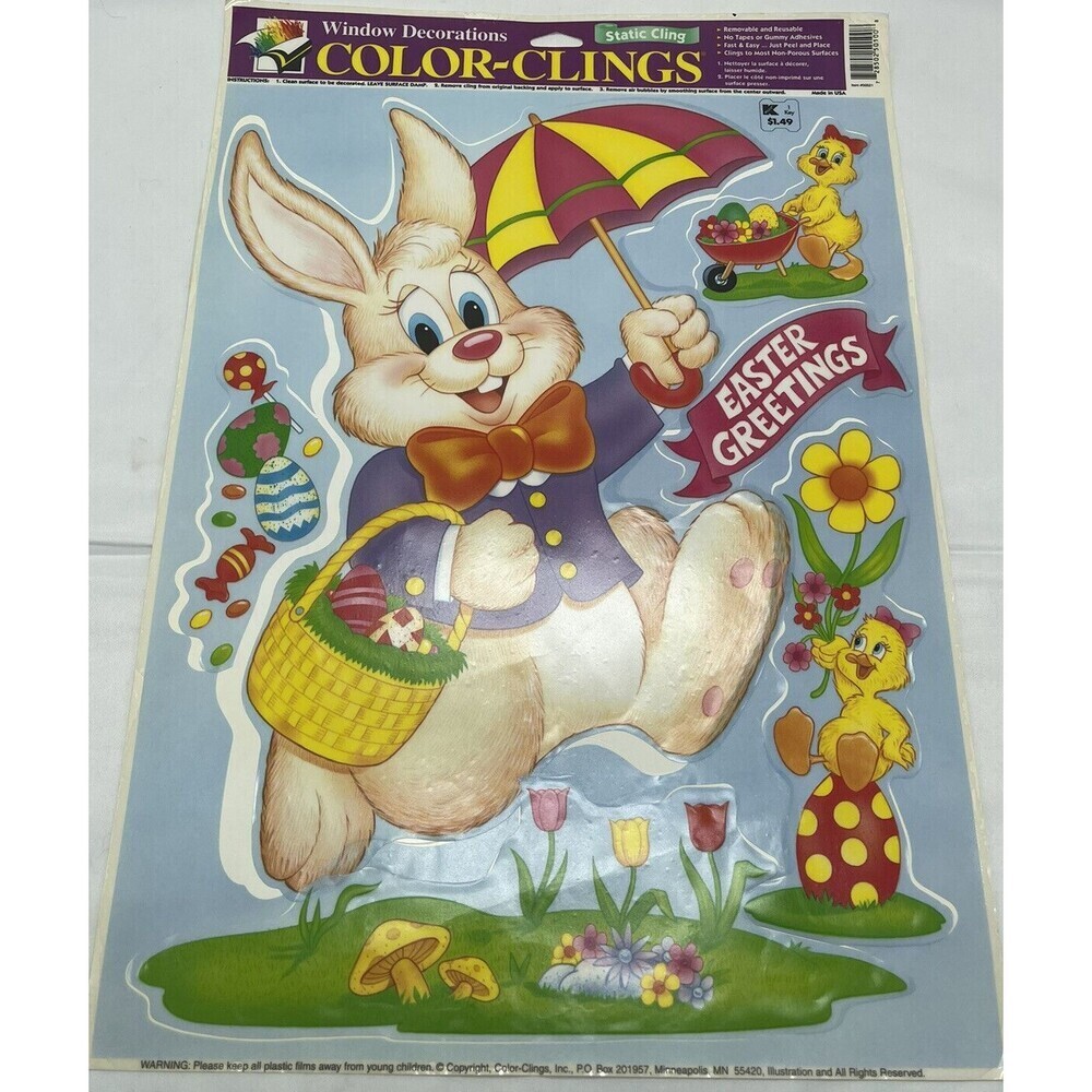 Vintage Easter Color-Clings Window Decorations Bunny Rabbit Easter Greeting
